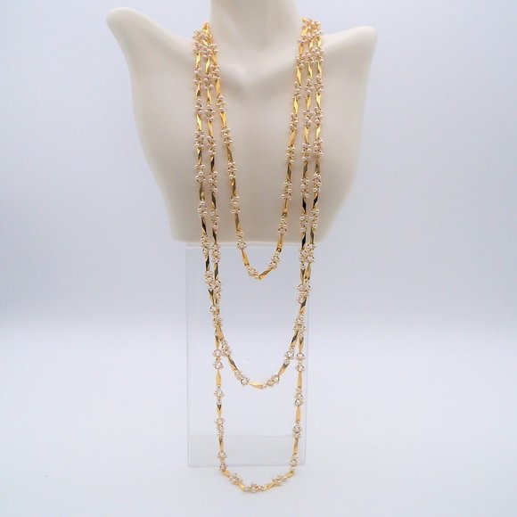 Small Pearls Gold Tone 3 Strand Necklaces and Bracelet Set - Picture 3 of 16